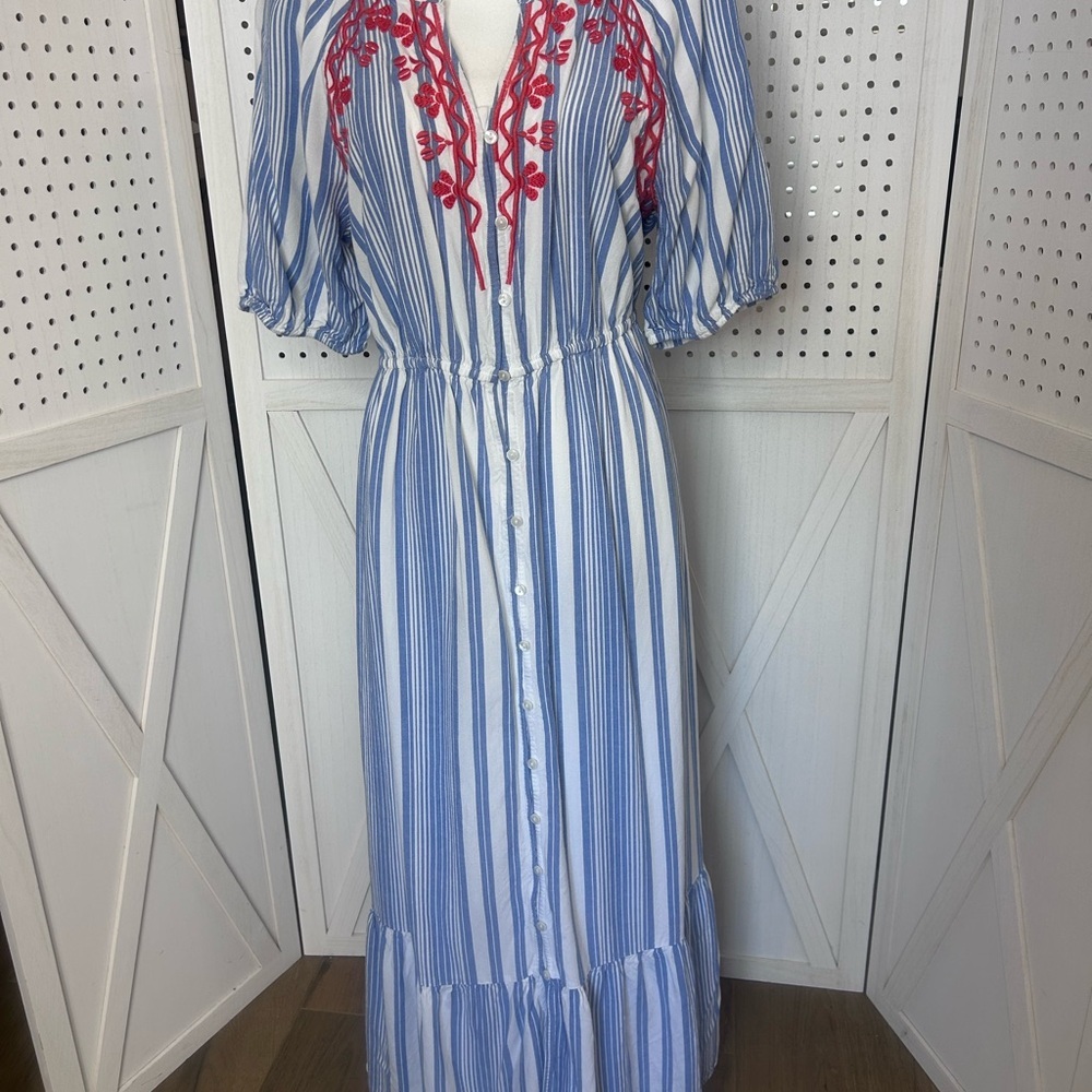 St John’s Bay Dress Large Midi Cottagecore Coastal Embroidered Striped Floral
